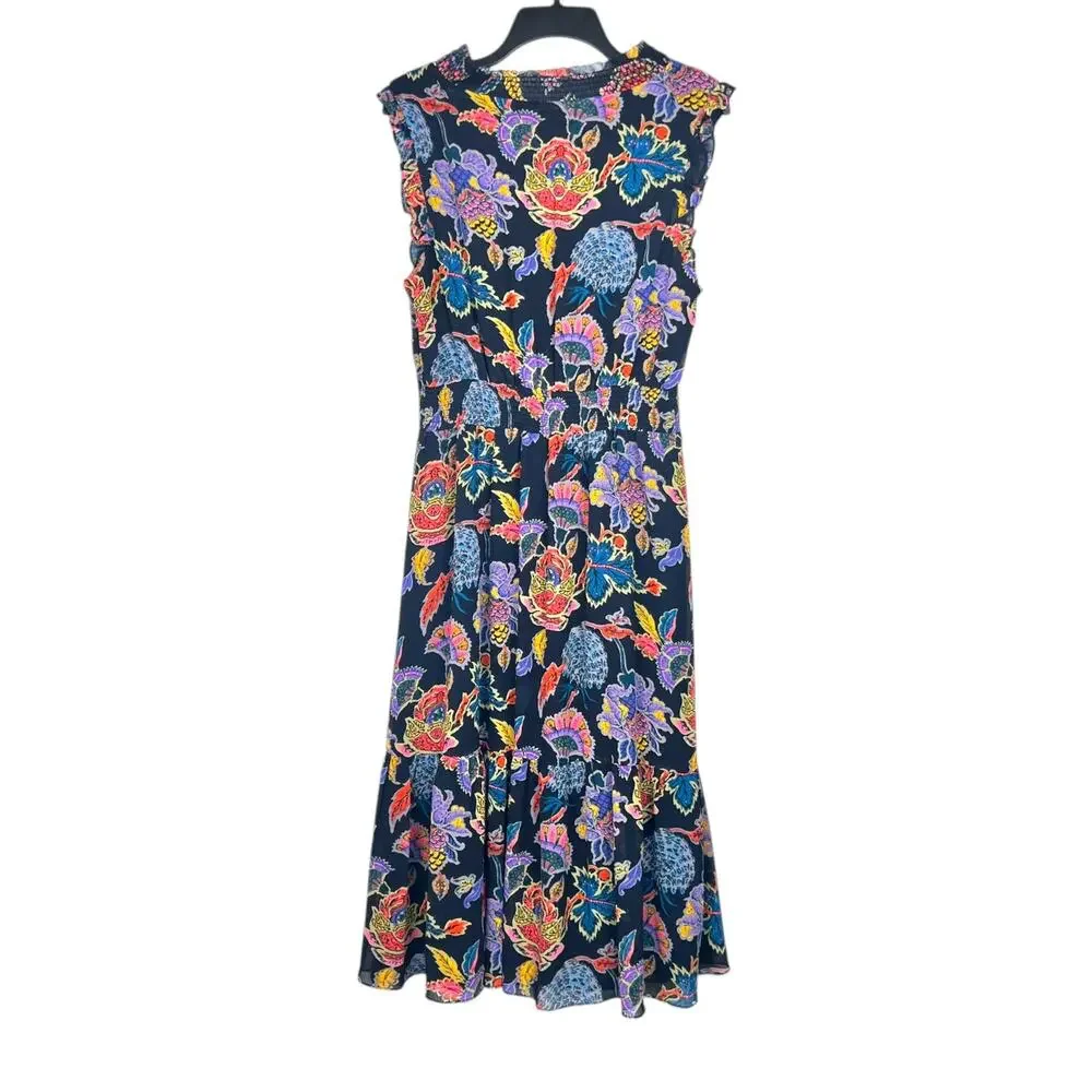 J.CREW Women's Size M Vibrant Multicolor Floral Smocked-Waist Midi Dress